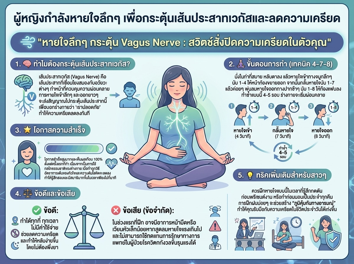 ผู้หญิงกำลังหายใจลึกๆ เพื่อกระตุ้นเส้นประสาทเวกัสและลดความเครียด