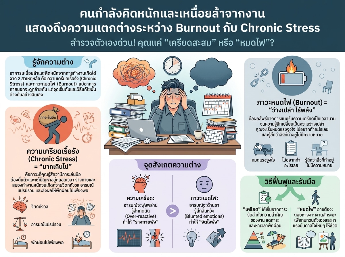 คนกำลังคิดหนักและเหนื่อยล้าจากงาน แสดงถึงความแตกต่างระหว่าง Burnout กับ Chronic Stress