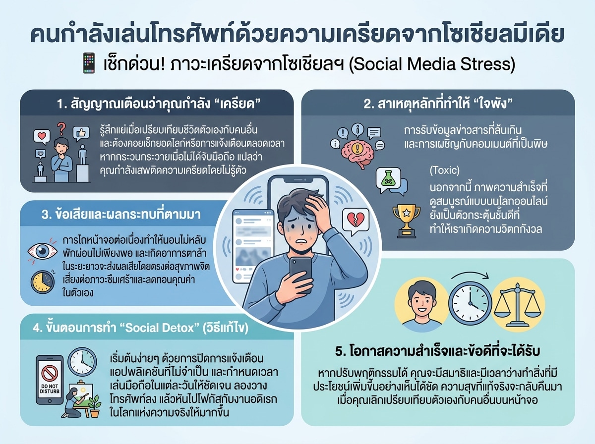 คนกำลังเล่นโทรศัพท์ด้วยความเครียดจากโซเชียลมีเดีย