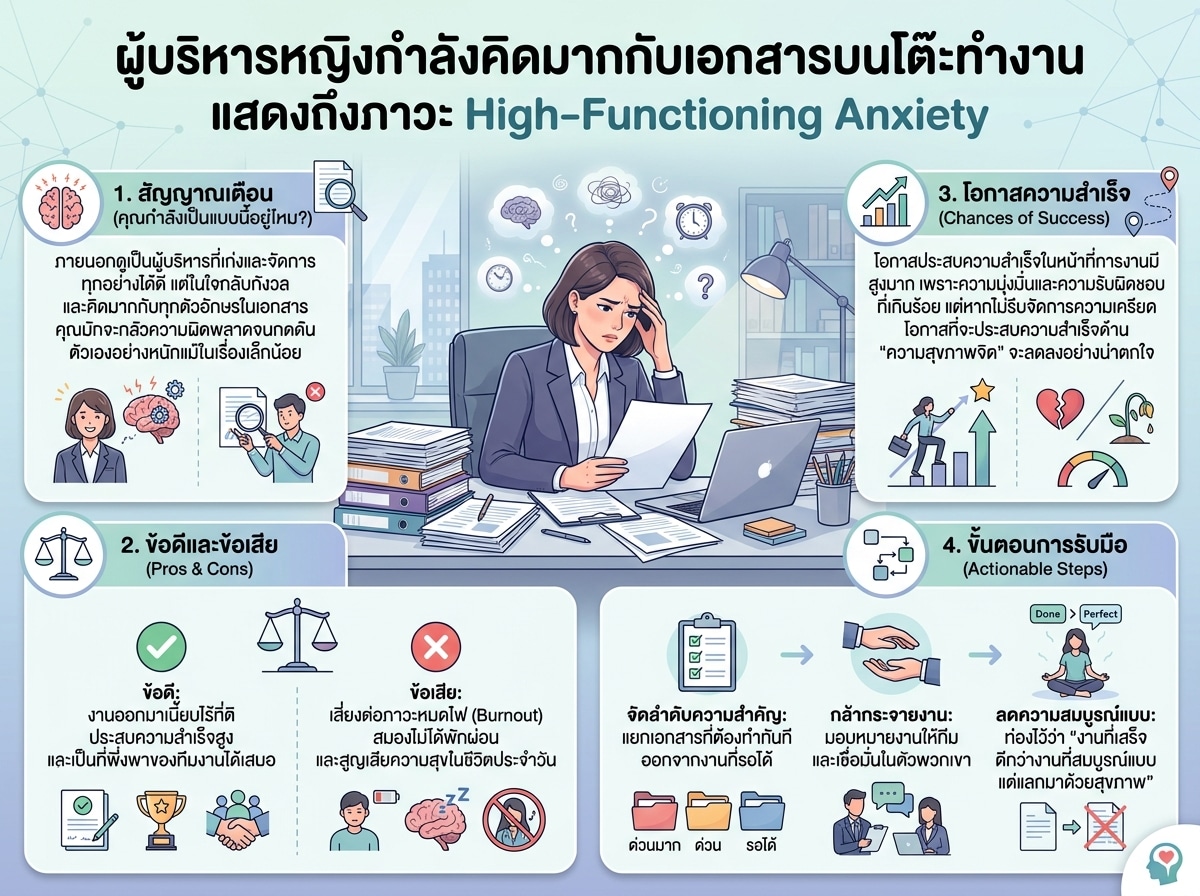 ผู้บริหารหญิงกำลังคิดมากกับเอกสารบนโต๊ะทำงาน แสดงถึงภาวะ High-Functioning Anxiety