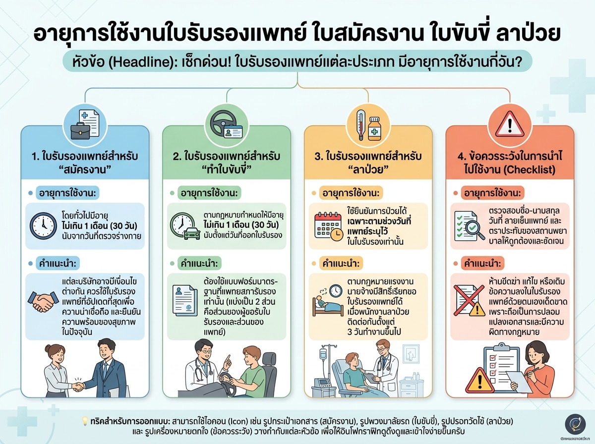อายุการใช้งานใบรับรองแพทย์ ใบสมัครงาน ใบขับขี่ ลาป่วย