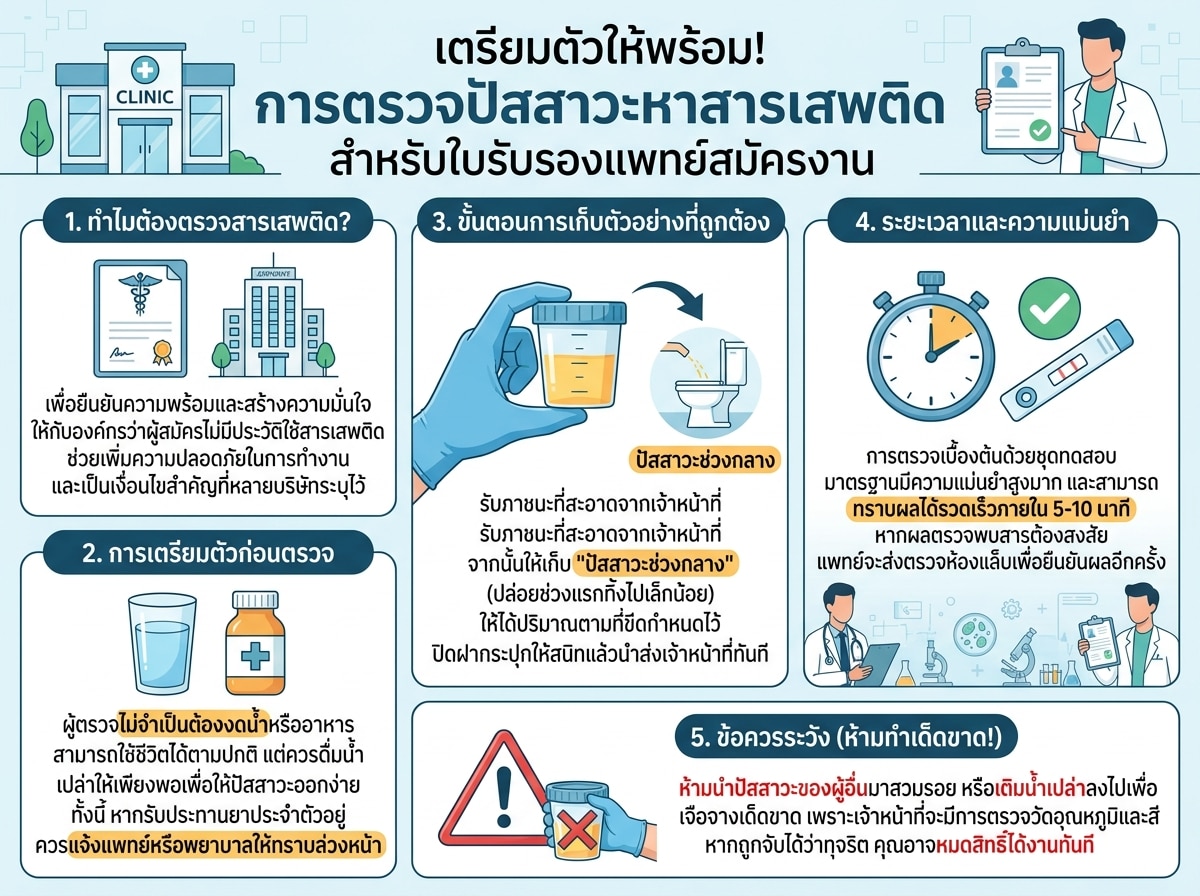แพทย์กำลังเก็บตัวอย่างปัสสาวะเพื่อตรวจสารเสพติดสำหรับใบรับรองแพทย์สมัครงาน