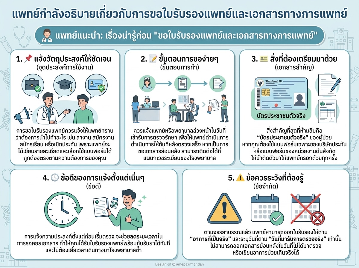 แพทย์กำลังอธิบายเกี่ยวกับการขอใบรับรองแพทย์และเอกสารทางการแพทย์