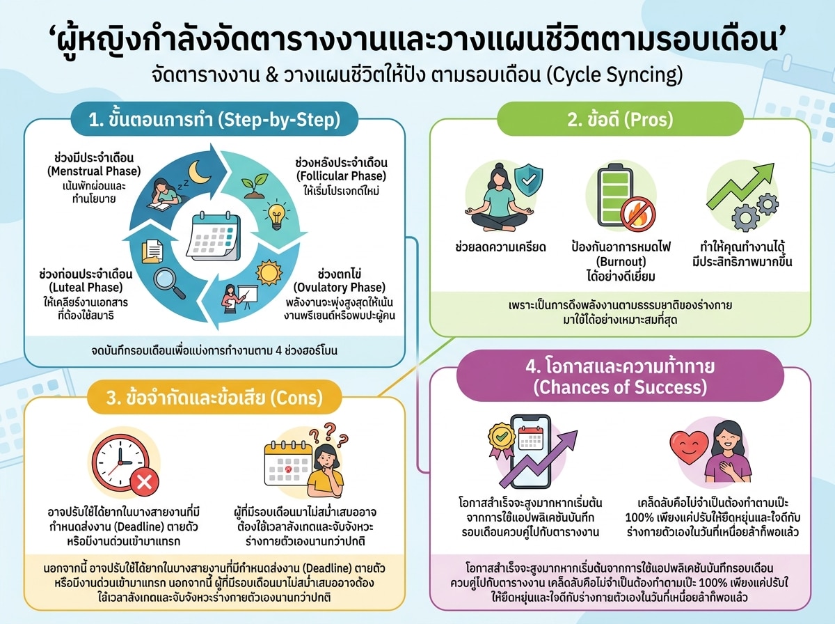 ผู้หญิงกำลังจัดตารางงานและวางแผนชีวิตตามรอบเดือน