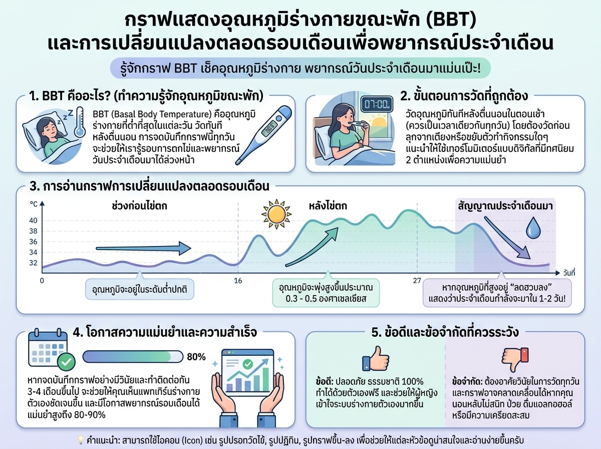 กราฟแสดงอุณหภูมิร่างกายขณะพัก (BBT) และการเปลี่ยนแปลงตลอดรอบเดือนเพื่อพยากรณ์ประจำเดือน