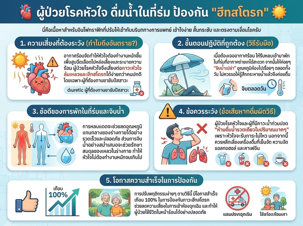 ผู้ป่วยโรคหัวใจดื่มน้ำในที่ร่มป้องกันฮีทสโตรก