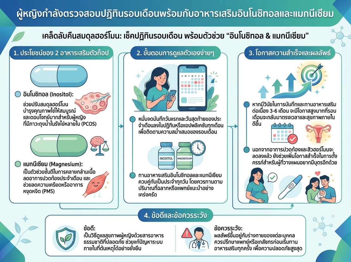 ผู้หญิงกำลังตรวจสอบปฏิทินรอบเดือนพร้อมกับอาหารเสริมอินโนซิทอลและแมกนีเซียม