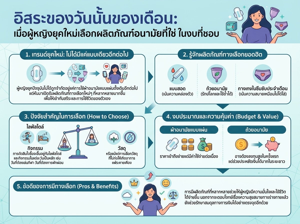 ผู้หญิงกำลังเลือกผลิตภัณฑ์อนามัยที่หลากหลายประเภทเพื่อตอบสนองความต้องการและงบประมาณที่แตกต่างกัน