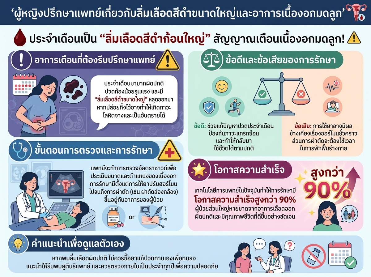 ผู้หญิงปรึกษาแพทย์เกี่ยวกับลิ่มเลือดสีดำขนาดใหญ่และอาการเนื้องอกมดลูก