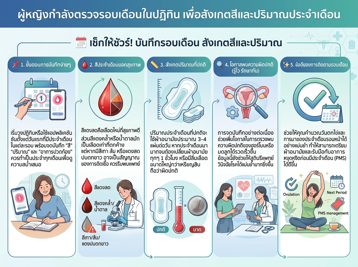 ผู้หญิงกำลังตรวจรอบเดือนในปฏิทิน เพื่อสังเกตสีและปริมาณประจำเดือน