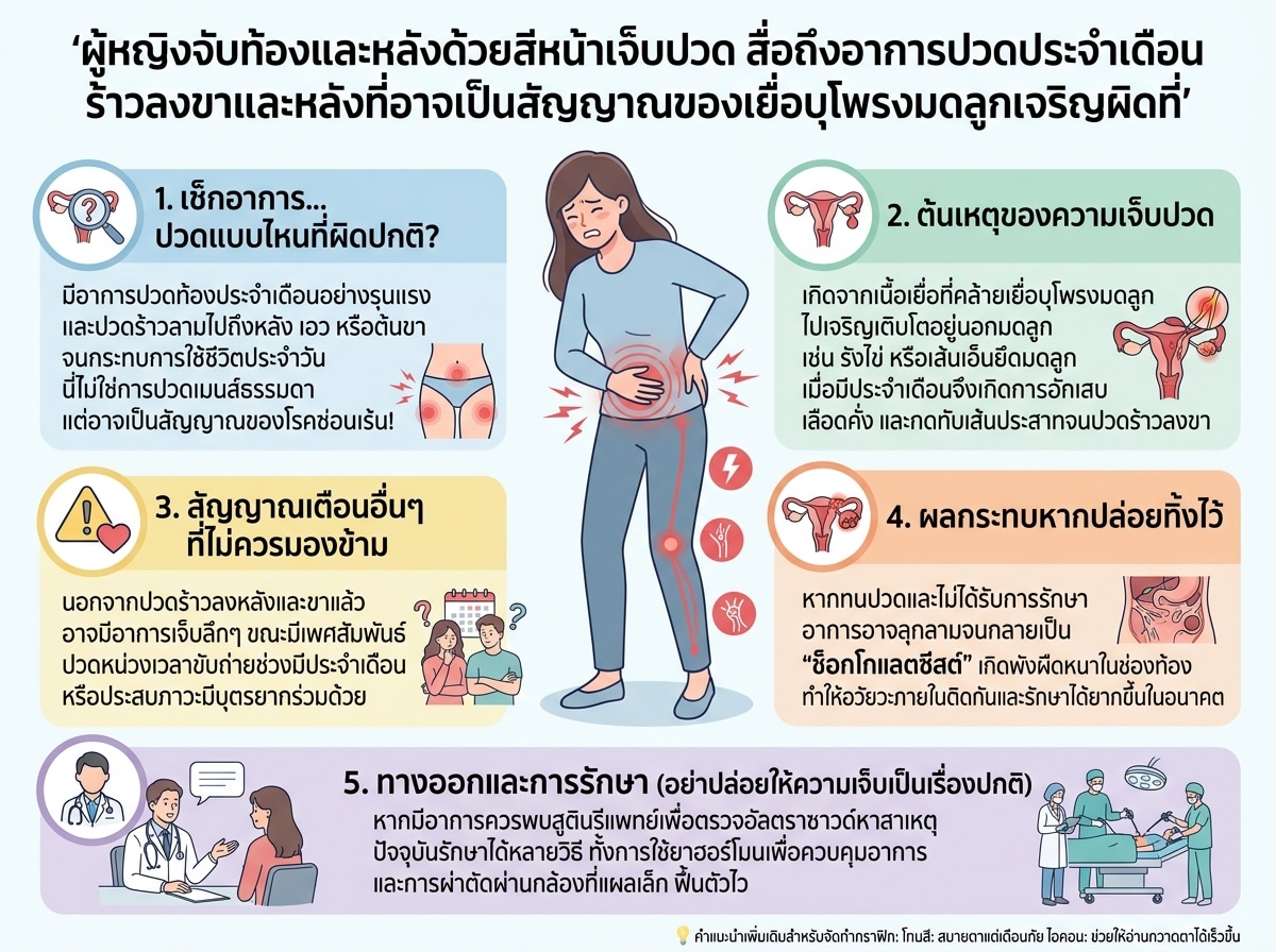 ผู้หญิงจับท้องและหลังด้วยสีหน้าเจ็บปวด สื่อถึงอาการปวดประจำเดือนร้าวลงขาและหลังที่อาจเป็นสัญญาณของเยื่อบุโพรงมดลูกเจริญผิดที่
