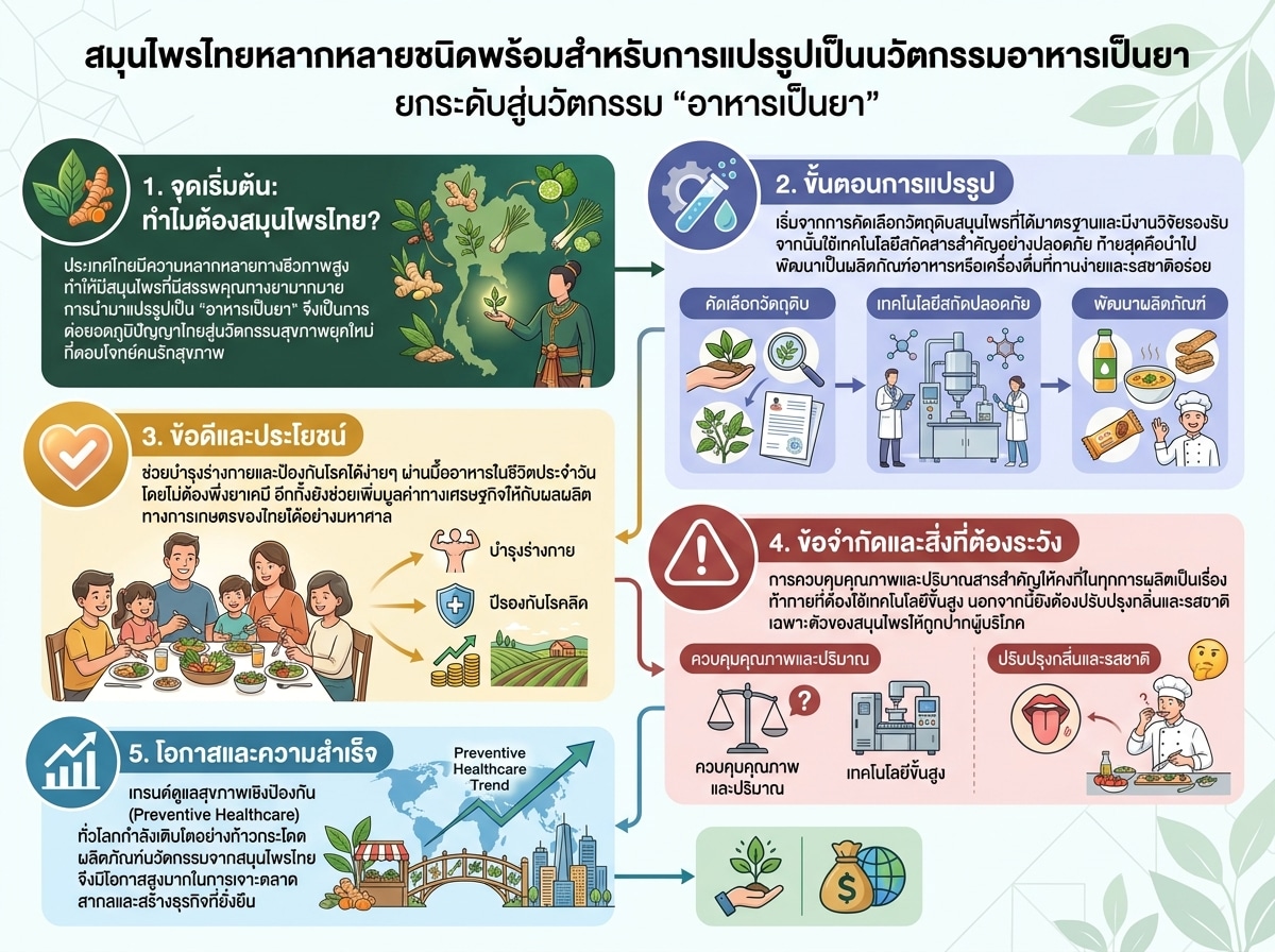 สมุนไพรไทยหลากหลายชนิดพร้อมสำหรับการแปรรูปเป็นนวัตกรรมอาหารเป็นยา