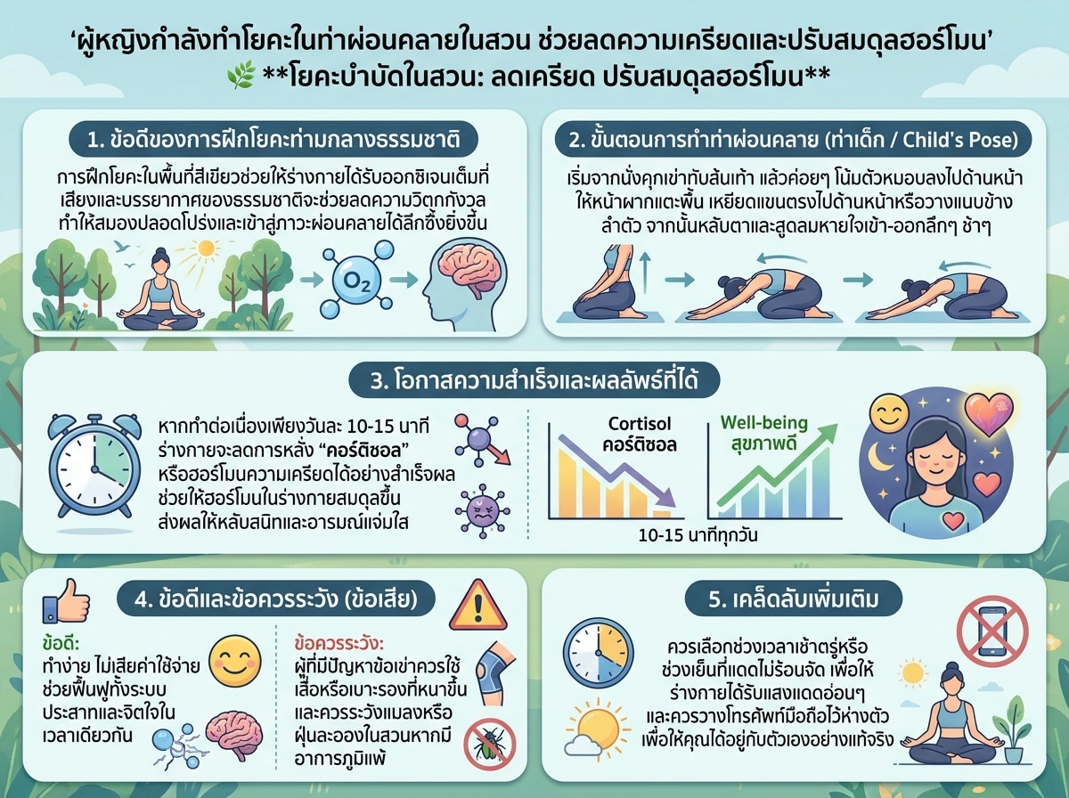 ผู้หญิงกำลังทำโยคะในท่าผ่อนคลายในสวน ช่วยลดความเครียดและปรับสมดุลฮอร์โมน