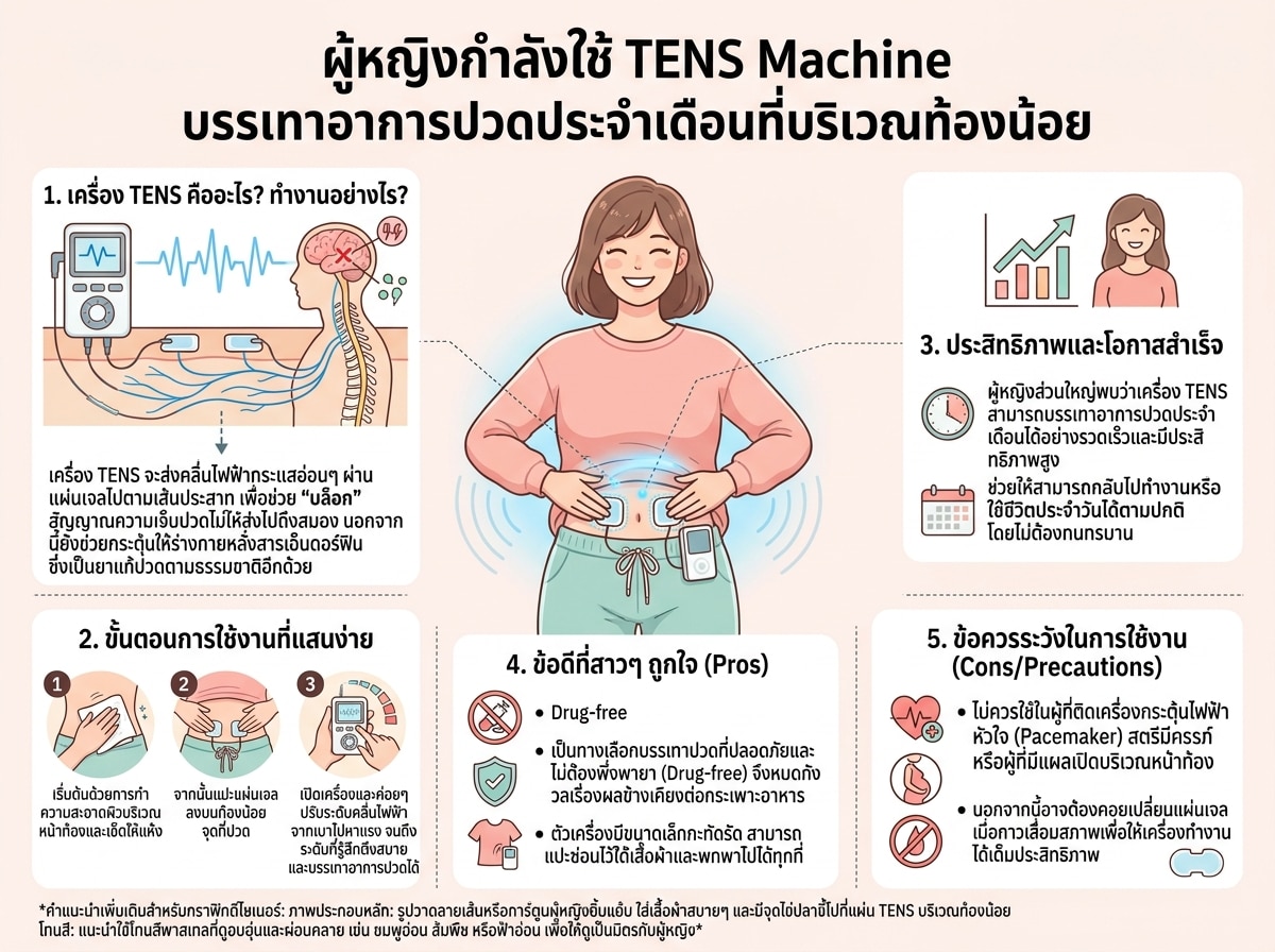 ผู้หญิงกำลังใช้ TENS Machine บรรเทาอาการปวดประจำเดือนที่บริเวณท้องน้อย