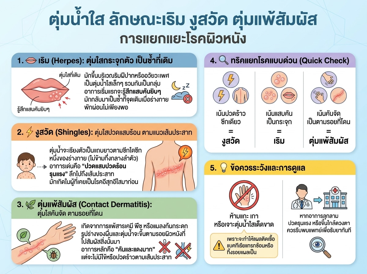 ตุ่มน้ำใส ลักษณะเริม งูสวัด ตุ่มแพ้สัมผัส การแยกแยะโรคผิวหนัง