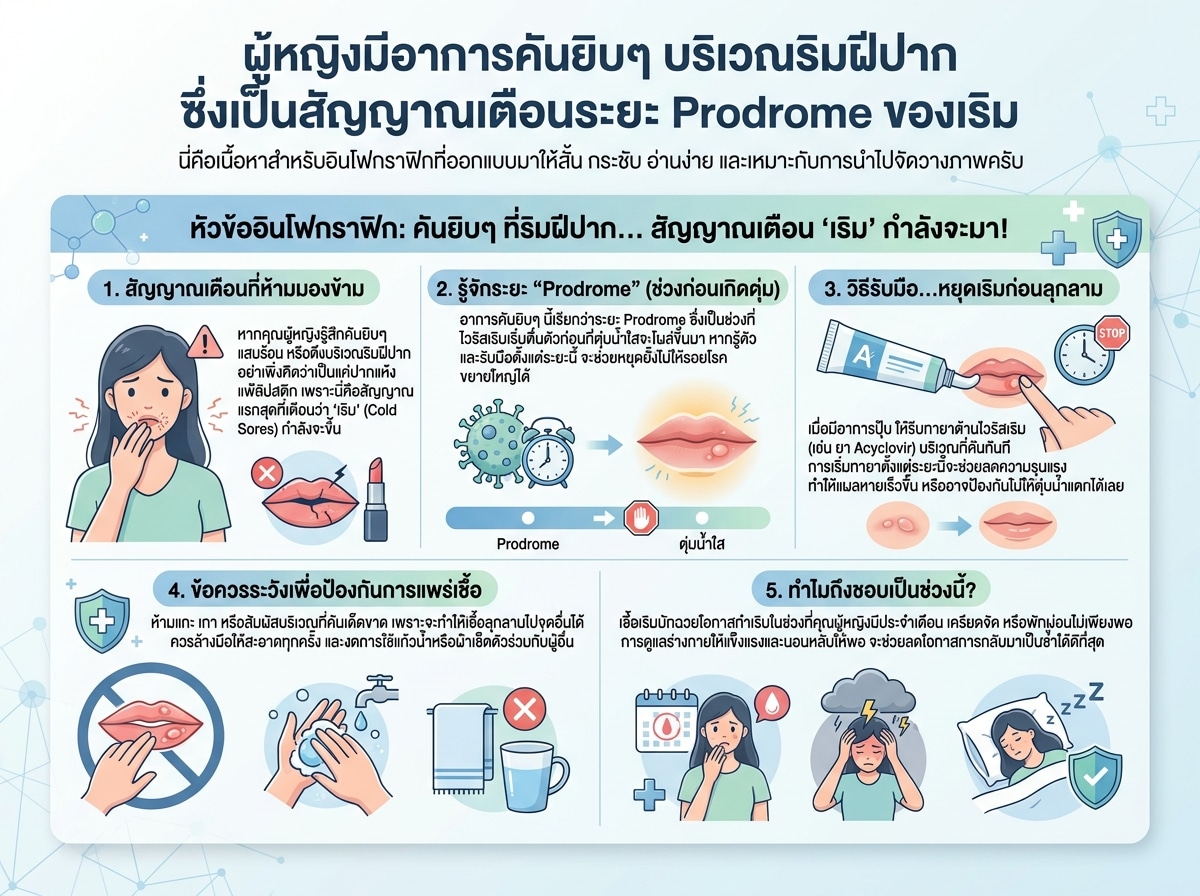 ผู้หญิงมีอาการคันยิบๆ บริเวณริมฝีปาก ซึ่งเป็นสัญญาณเตือนระยะ Prodrome ของเริม