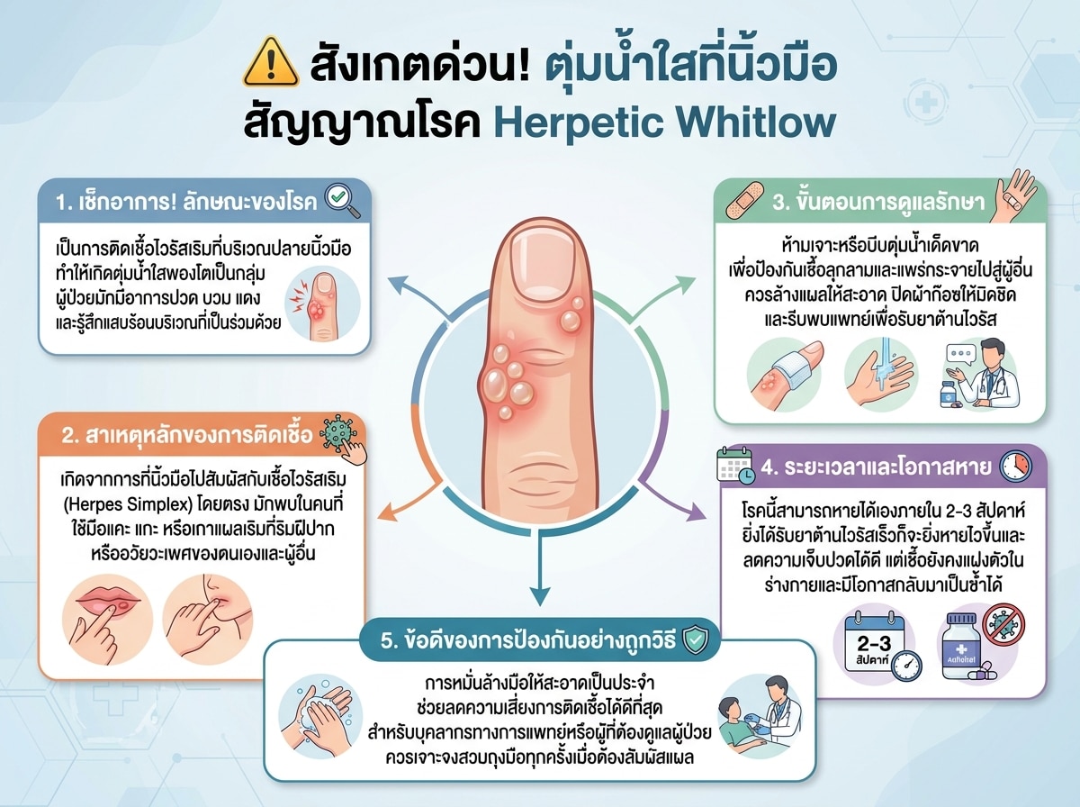 รูปภาพแสดงตุ่มน้ำใสที่นิ้วมือ Herpetic Whitlow