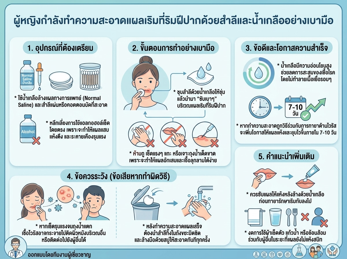 ผู้หญิงกำลังทำความสะอาดแผลเริมที่ริมฝีปากด้วยสำลีและน้ำเกลืออย่างเบามือ