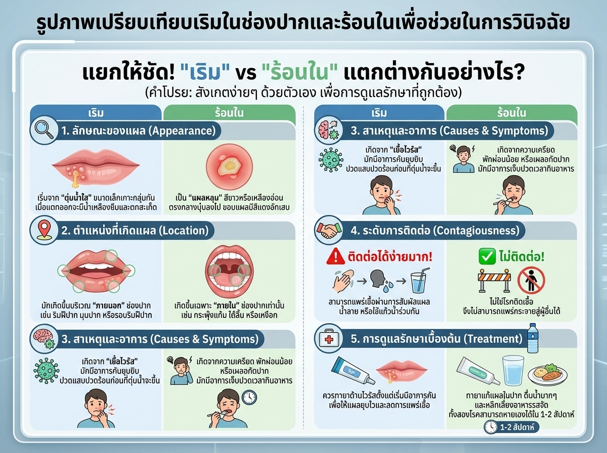 รูปภาพเปรียบเทียบเริมในช่องปากและร้อนในเพื่อช่วยในการวินิจฉัย