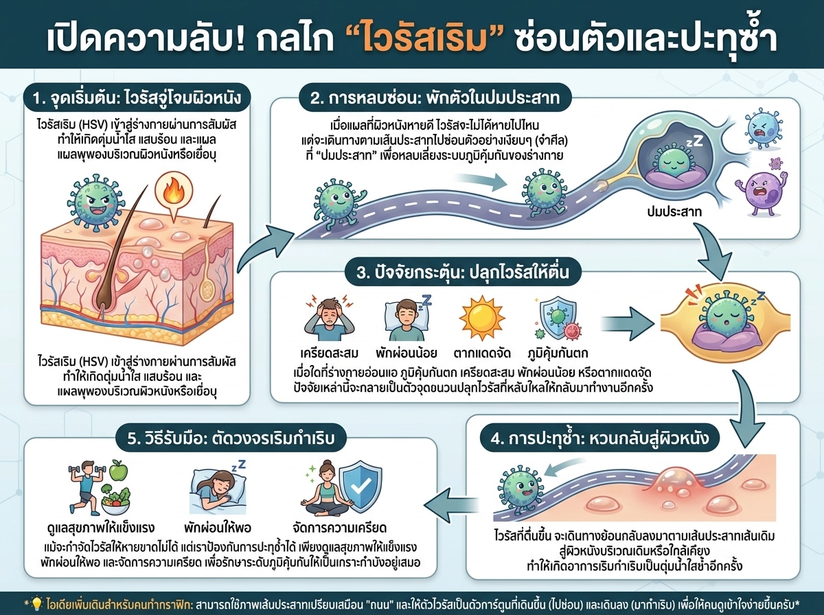 ภาพแสดงกลไกไวรัสเริมซ่อนตัวในปมประสาทและเดินทางกลับมายังผิวหนัง