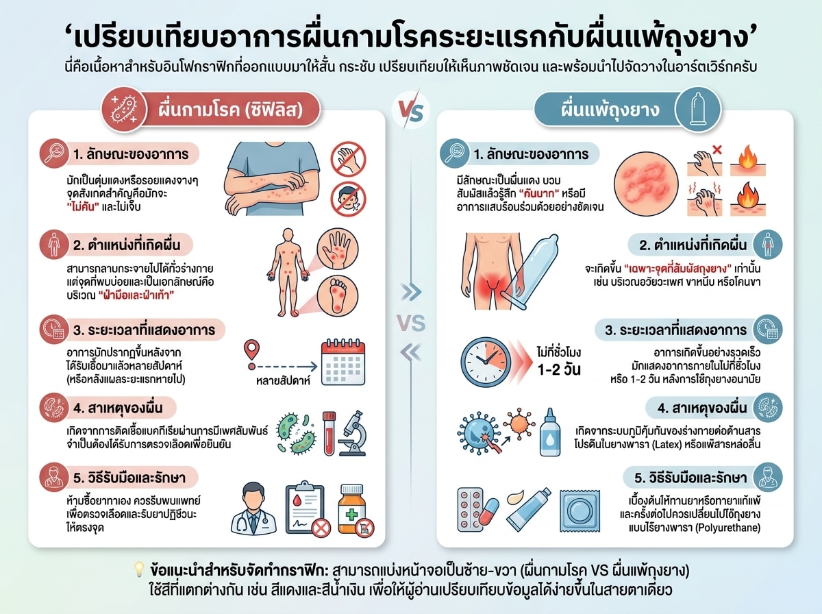 เปรียบเทียบอาการผื่นกามโรคระยะแรกกับผื่นแพ้ถุงยาง