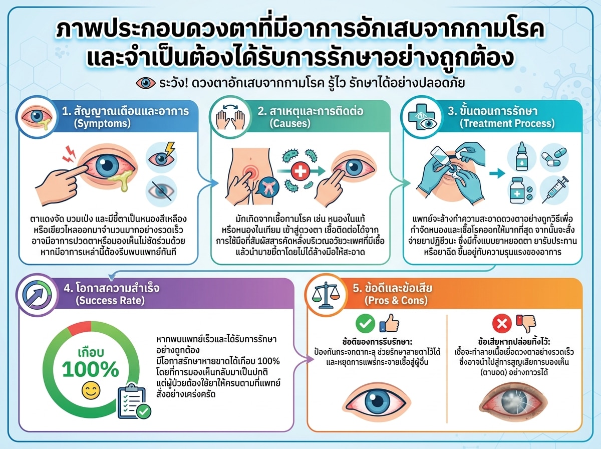 ภาพประกอบดวงตาที่มีอาการอักเสบจากกามโรคและจำเป็นต้องได้รับการรักษาอย่างถูกต้อง