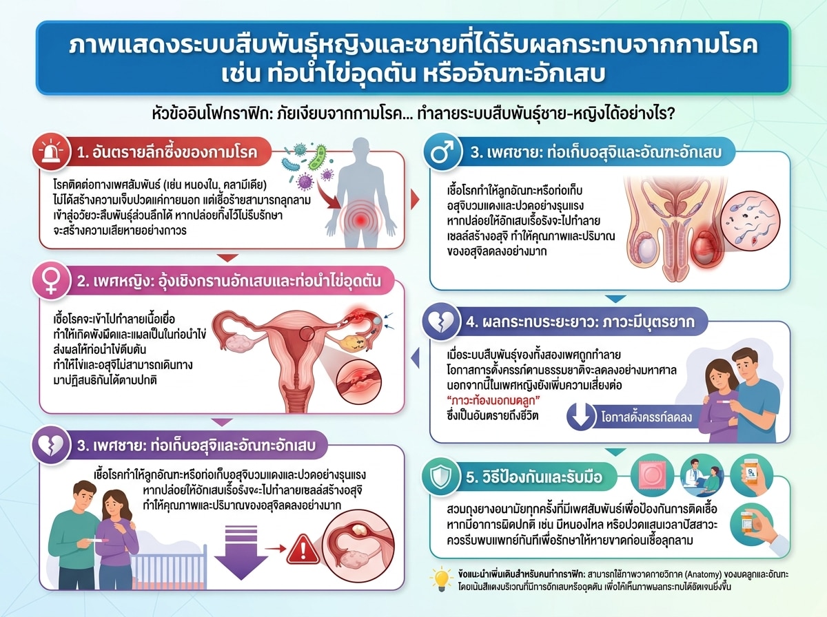 ภาพแสดงระบบสืบพันธุ์หญิงและชายที่ได้รับผลกระทบจากกามโรค เช่น ท่อนำไข่อุดตัน หรืออัณฑะอักเสบ
