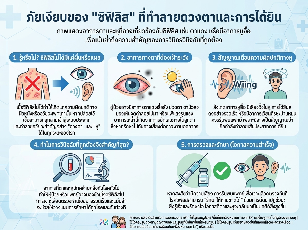 ภาพแสดงอาการตาและหูที่อาจเกี่ยวข้องกับซิฟิลิส เช่น ตาแดง หรือมีอาการหูอื้อ เพื่อเน้นย้ำถึงความสำคัญของการวินิจฉัยที่ถูกต้อง