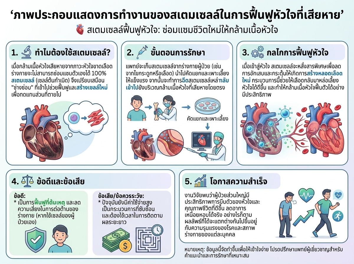 ภาพประกอบแสดงการทำงานของสเตมเซลล์ในการฟื้นฟูหัวใจที่เสียหาย