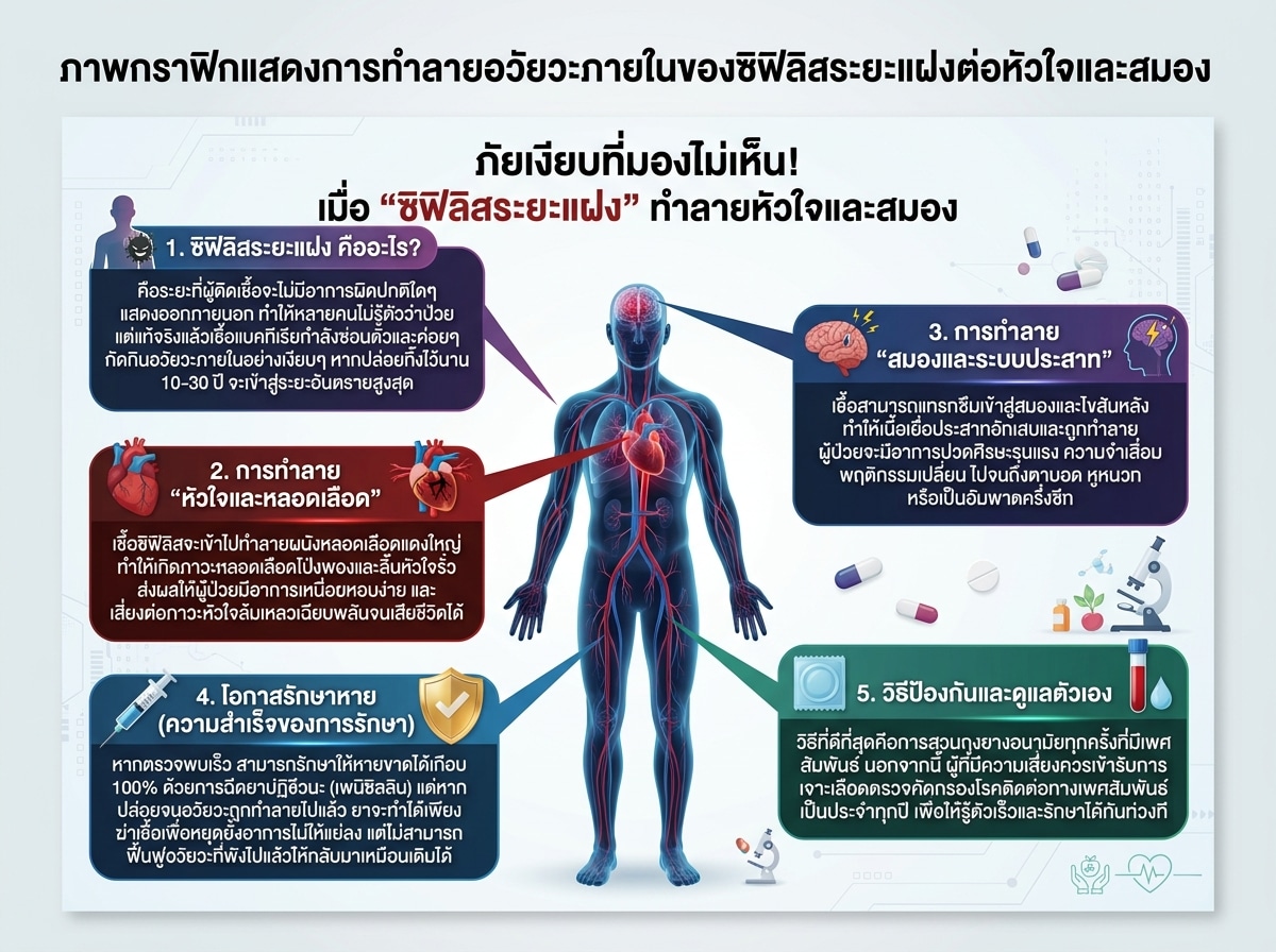 ภาพกราฟิกแสดงการทำลายอวัยวะภายในของซิฟิลิสระยะแฝงต่อหัวใจและสมอง