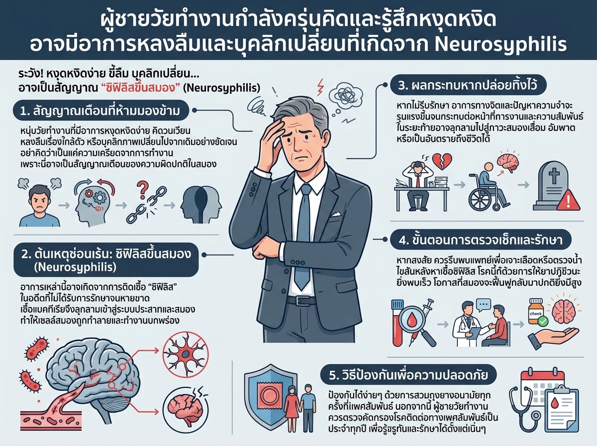 ผู้ชายวัยทำงานกำลังครุ่นคิดและรู้สึกหงุดหงิด อาจมีอาการหลงลืมและบุคลิกเปลี่ยนที่เกิดจาก Neurosyphilis