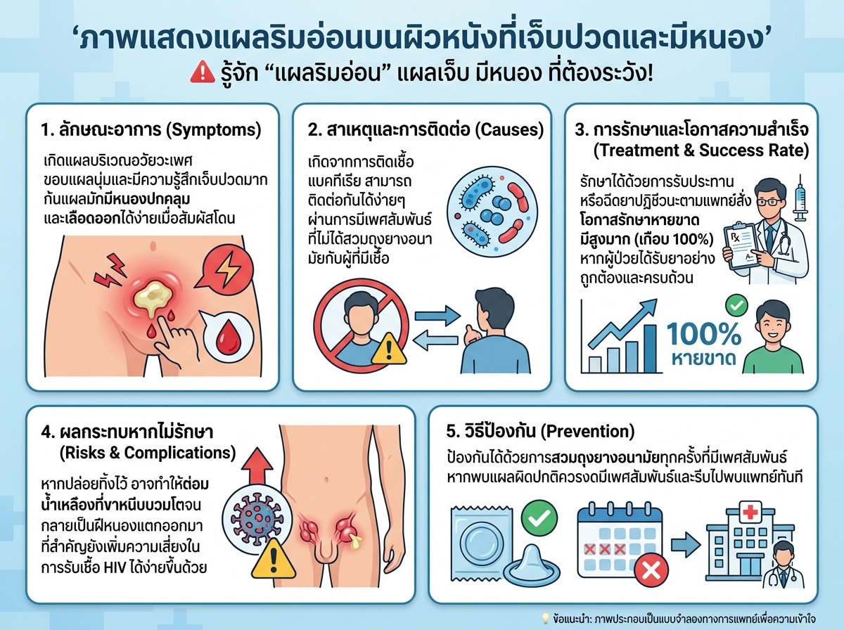 ภาพแสดงแผลริมอ่อนบนผิวหนังที่เจ็บปวดและมีหนอง