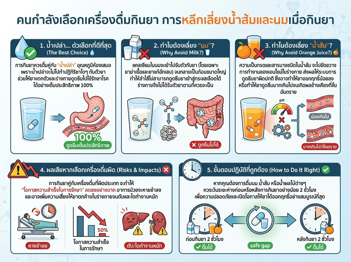 คนกำลังเลือกเครื่องดื่มกินยา การหลีกเลี่ยงน้ำส้มและนมเมื่อกินยา