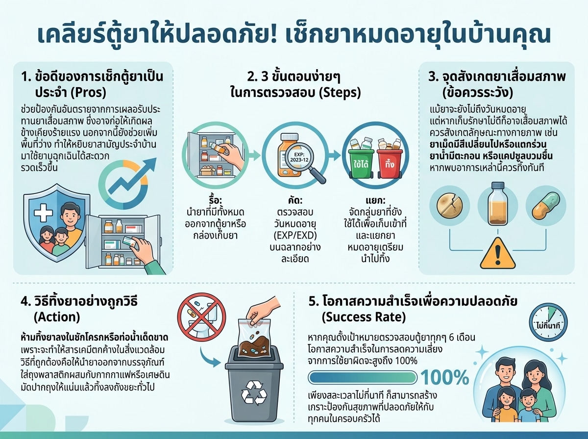 คนกำลังตรวจสอบยาหมดอายุในตู้ยาภายในบ้าน