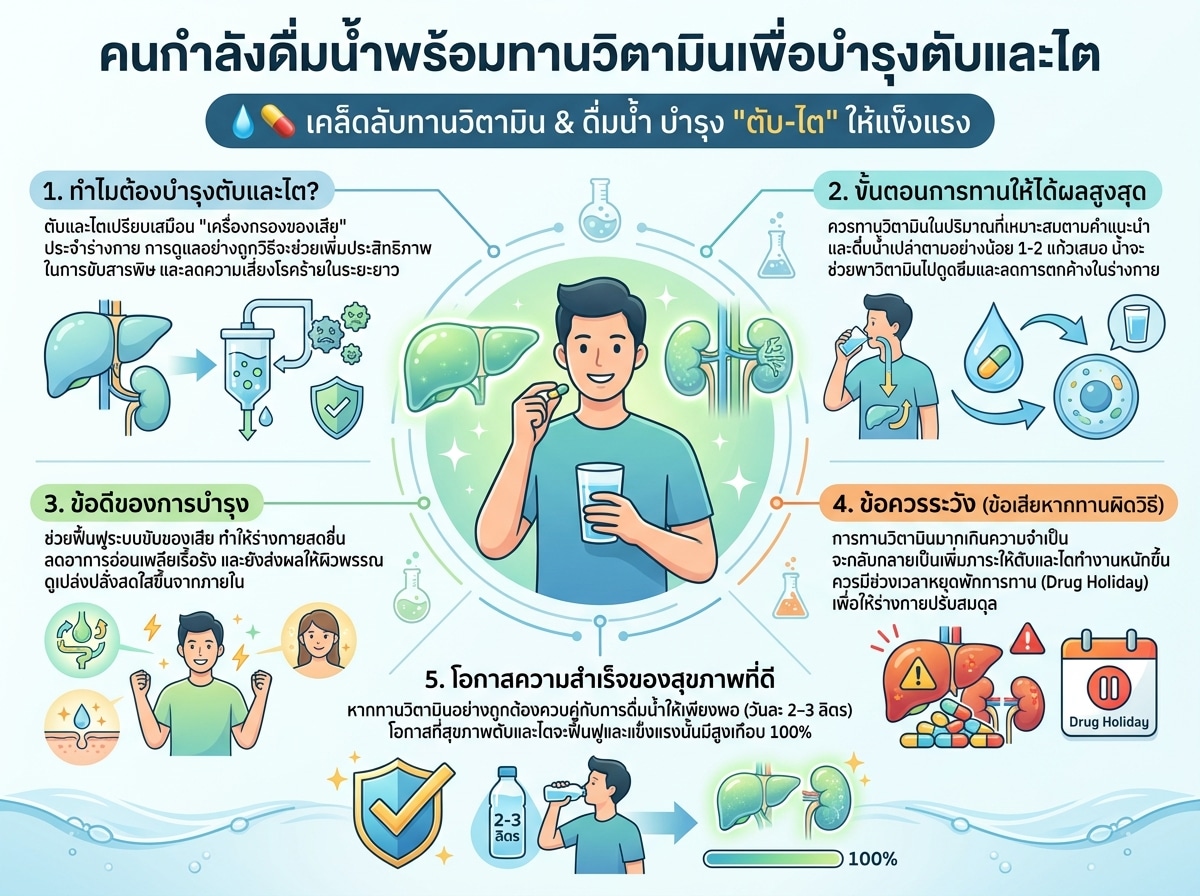 คนกำลังดื่มน้ำพร้อมทานวิตามินเพื่อบำรุงตับและไต