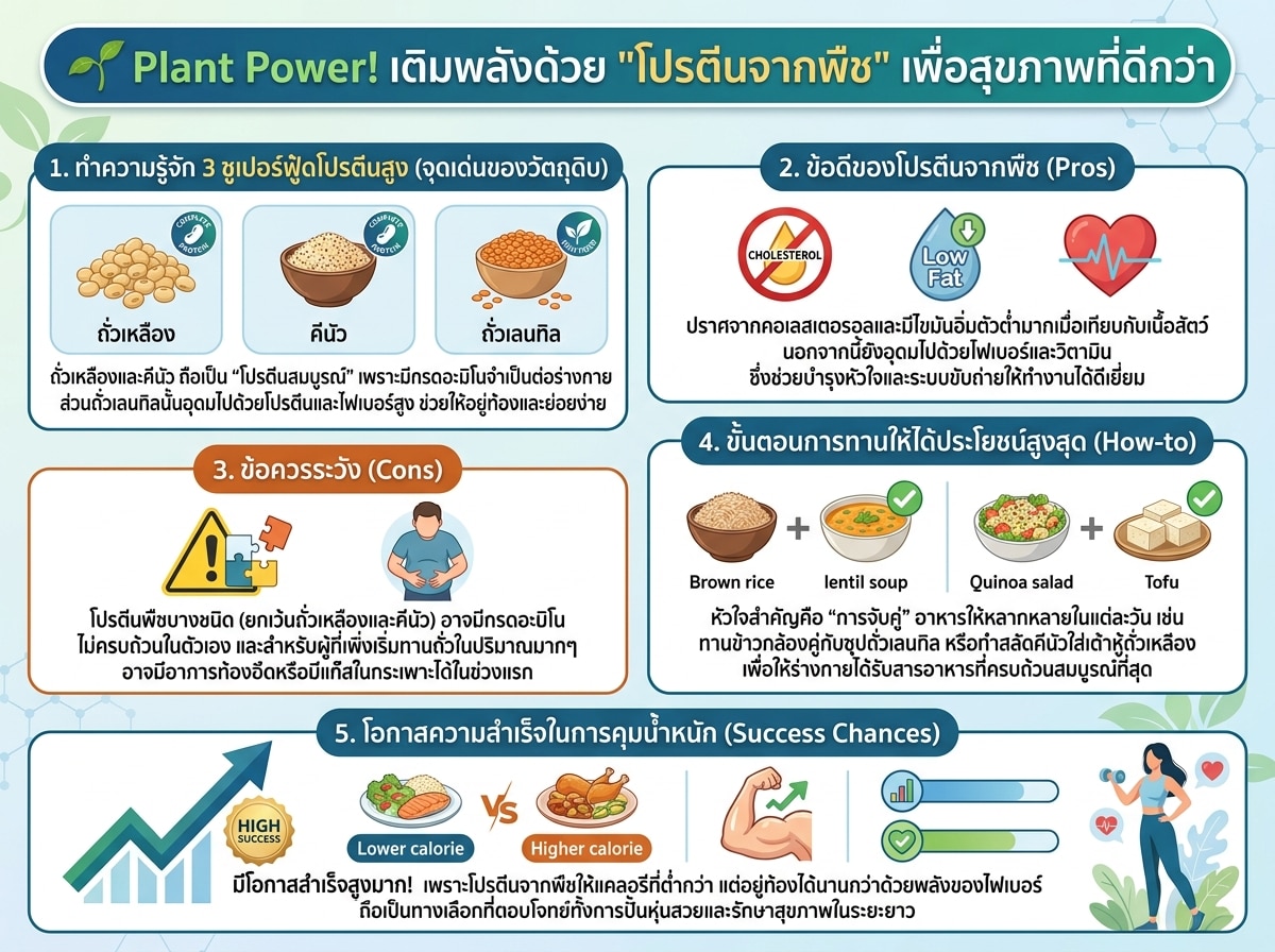 แหล่งโปรตีนจากพืชหลากหลายชนิด เช่น ถั่วเหลือง คีนัว และถั่วเลนทิล