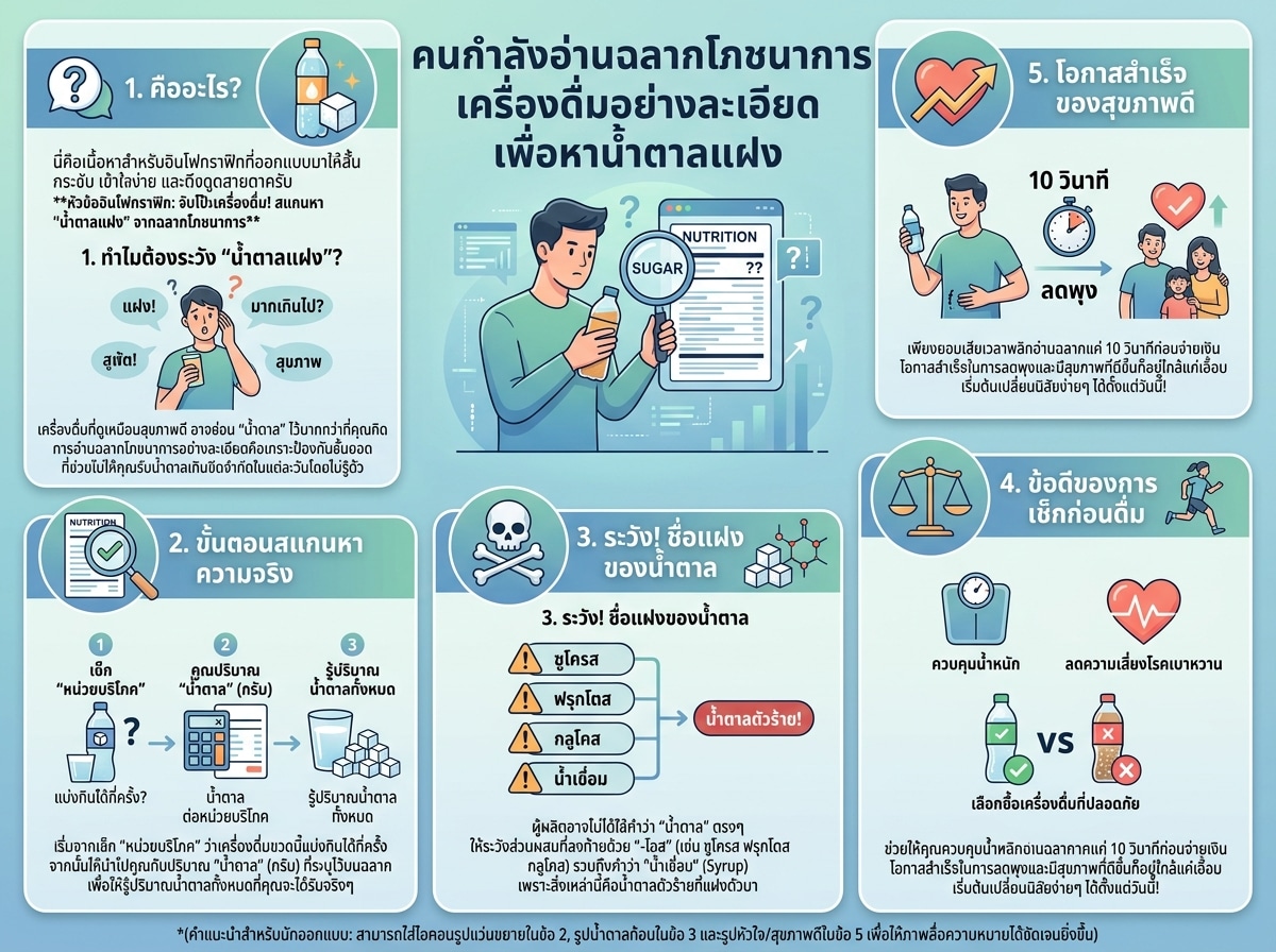 คนกำลังอ่านฉลากโภชนาการเครื่องดื่มอย่างละเอียด เพื่อหาน้ำตาลแฝง