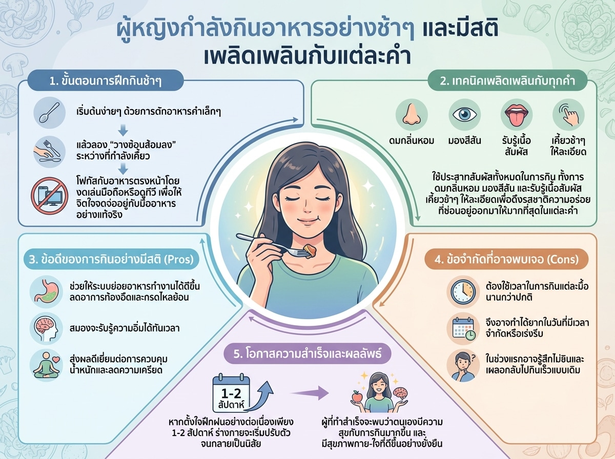 ผู้หญิงกำลังกินอาหารอย่างช้าๆ และมีสติ เพลิดเพลินกับแต่ละคำ