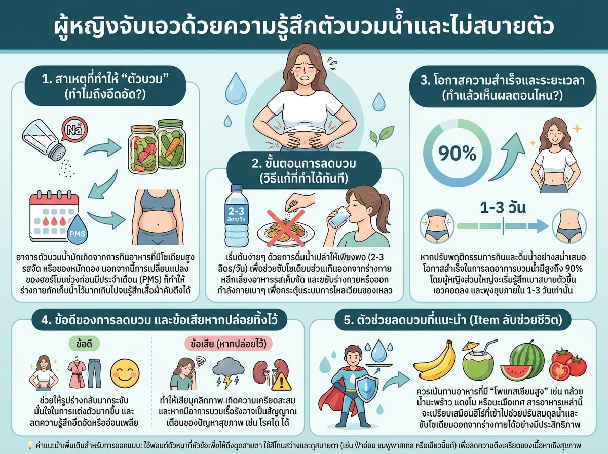 ผู้หญิงจับเอวด้วยความรู้สึกตัวบวมน้ำและไม่สบายตัว