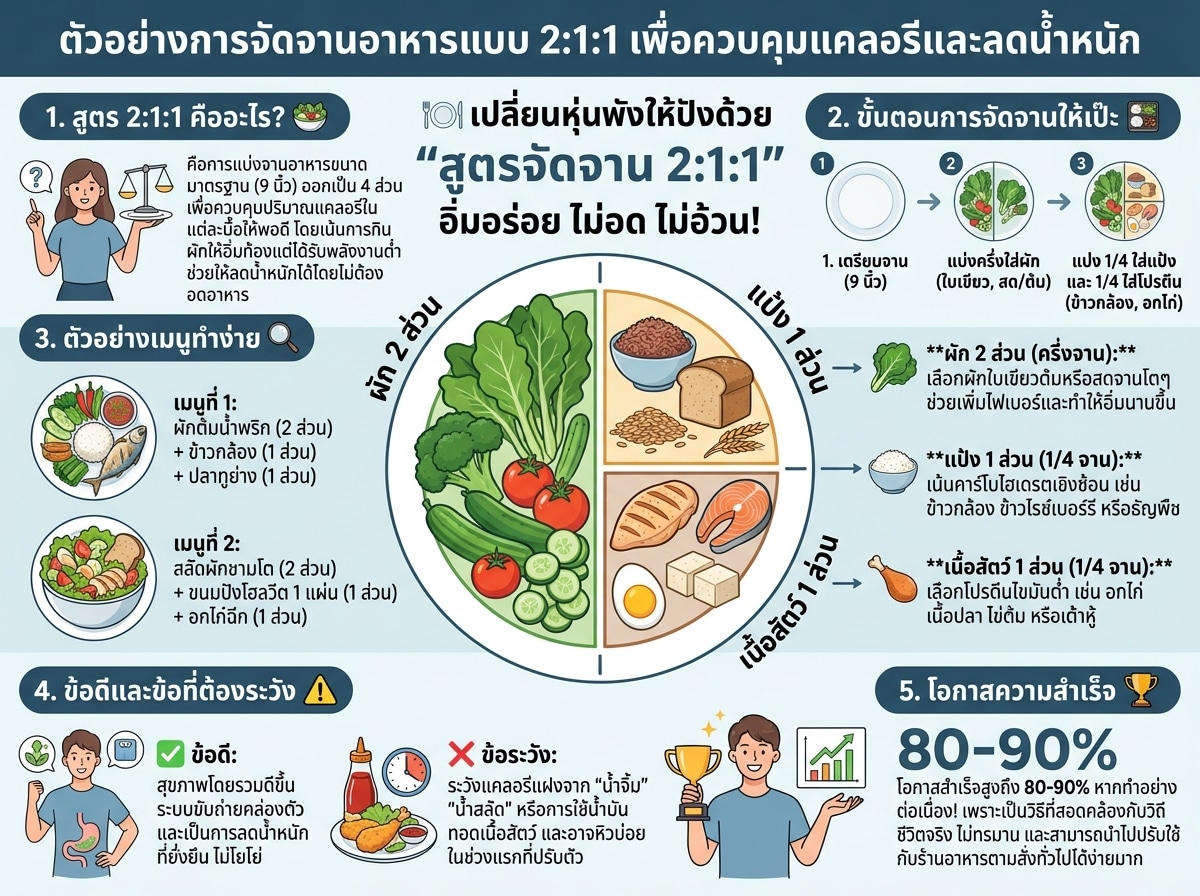 ตัวอย่างการจัดจานอาหารแบบ 2:1:1 เพื่อควบคุมแคลอรีและลดน้ำหนัก