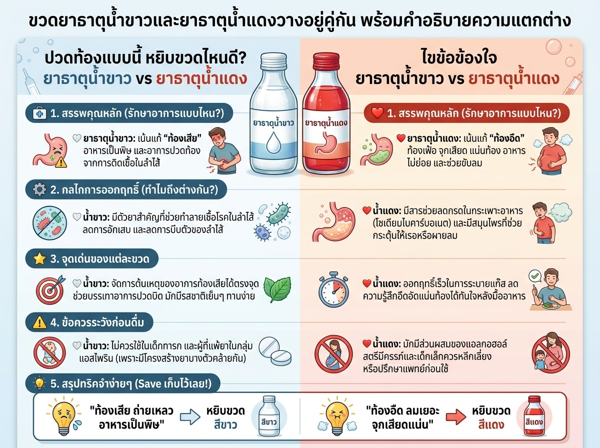 ขวดยาธาตุน้ำขาวและยาธาตุน้ำแดงวางอยู่คู่กัน พร้อมคำอธิบายความแตกต่าง