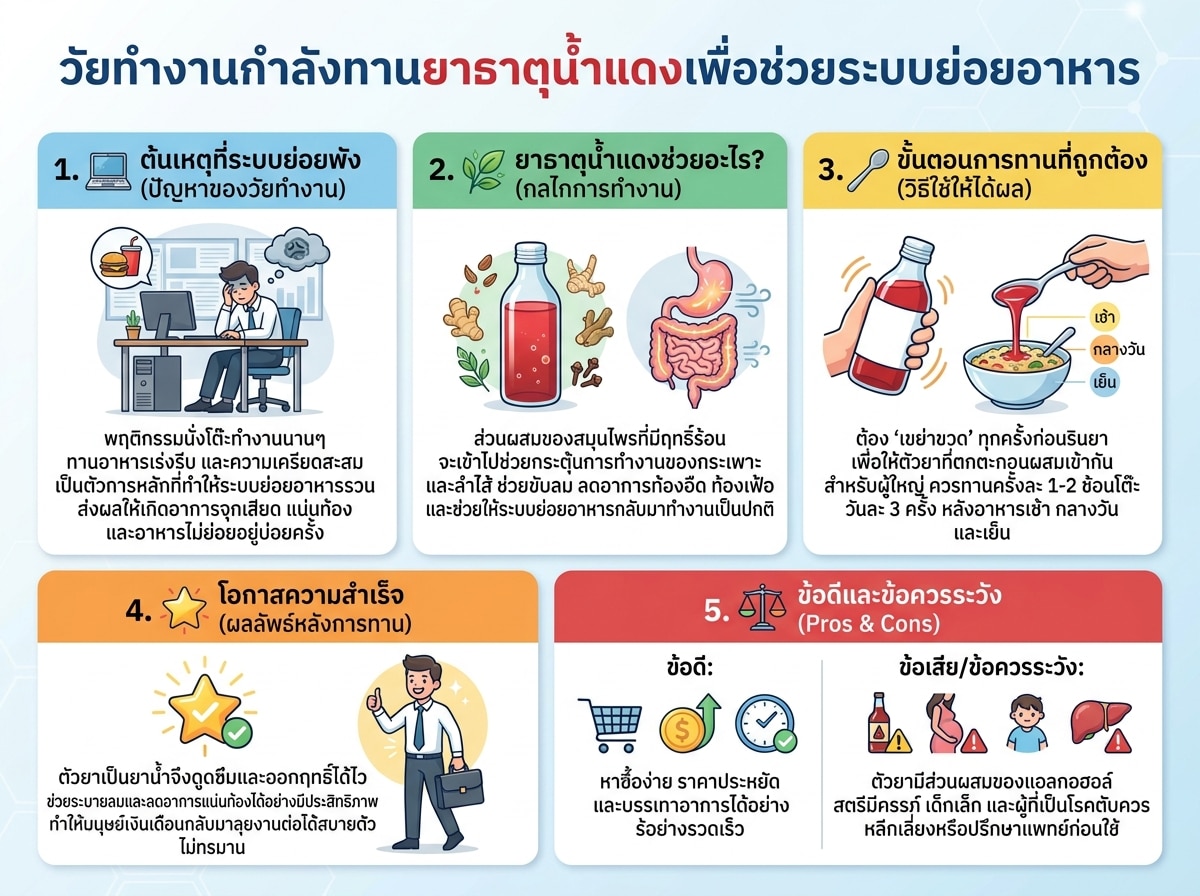 วัยทำงานกำลังทานยาธาตุน้ำแดงเพื่อช่วยระบบย่อยอาหาร