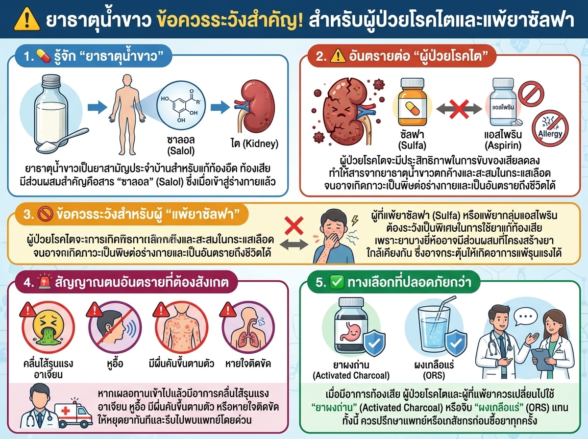 ยาธาตุน้ำขาว ข้อควรระวังสำหรับผู้ป่วยโรคไตและแพ้ยาซัลฟา