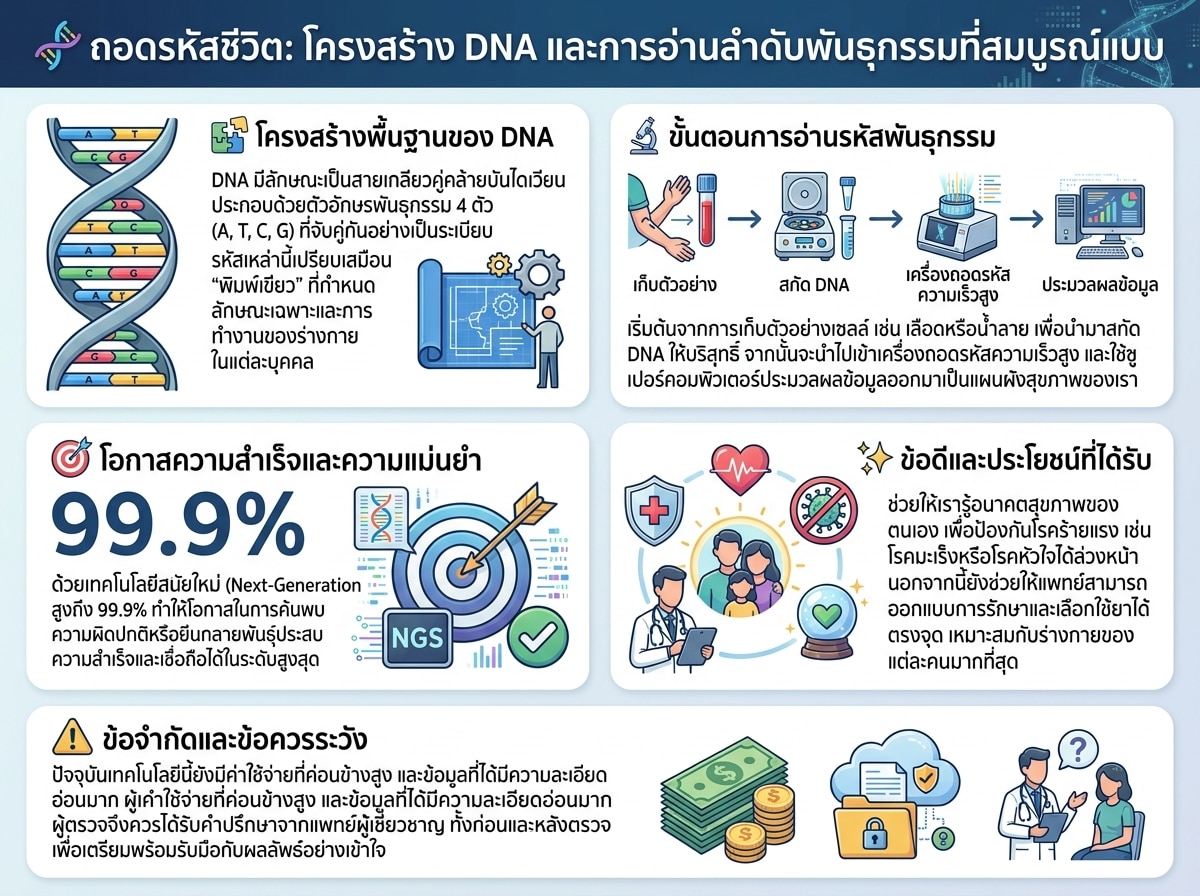 แผนภาพแสดงโครงสร้าง DNA และการอ่านลำดับพันธุกรรมที่สมบูรณ์แบบ