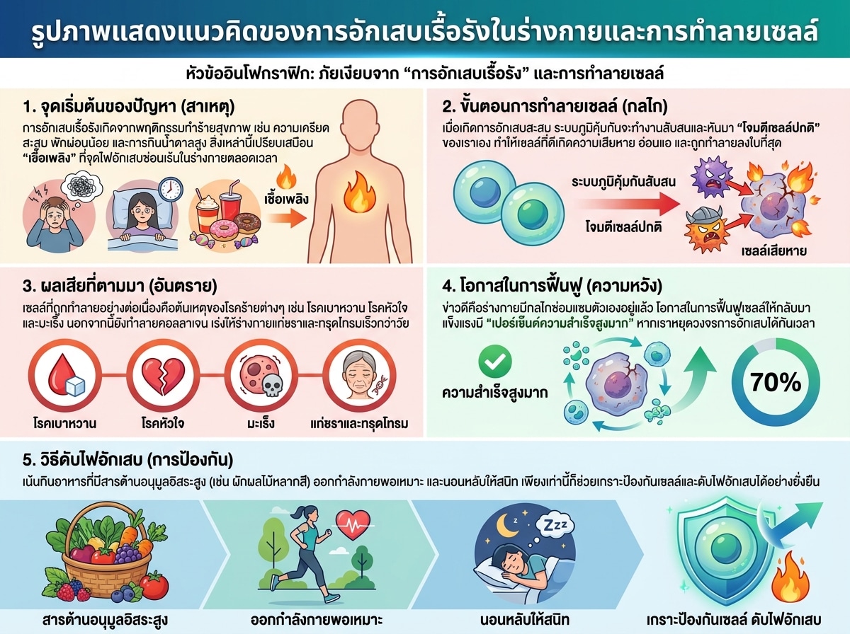 รูปภาพแสดงแนวคิดของการอักเสบเรื้อรังในร่างกายและการทำลายเซลล์