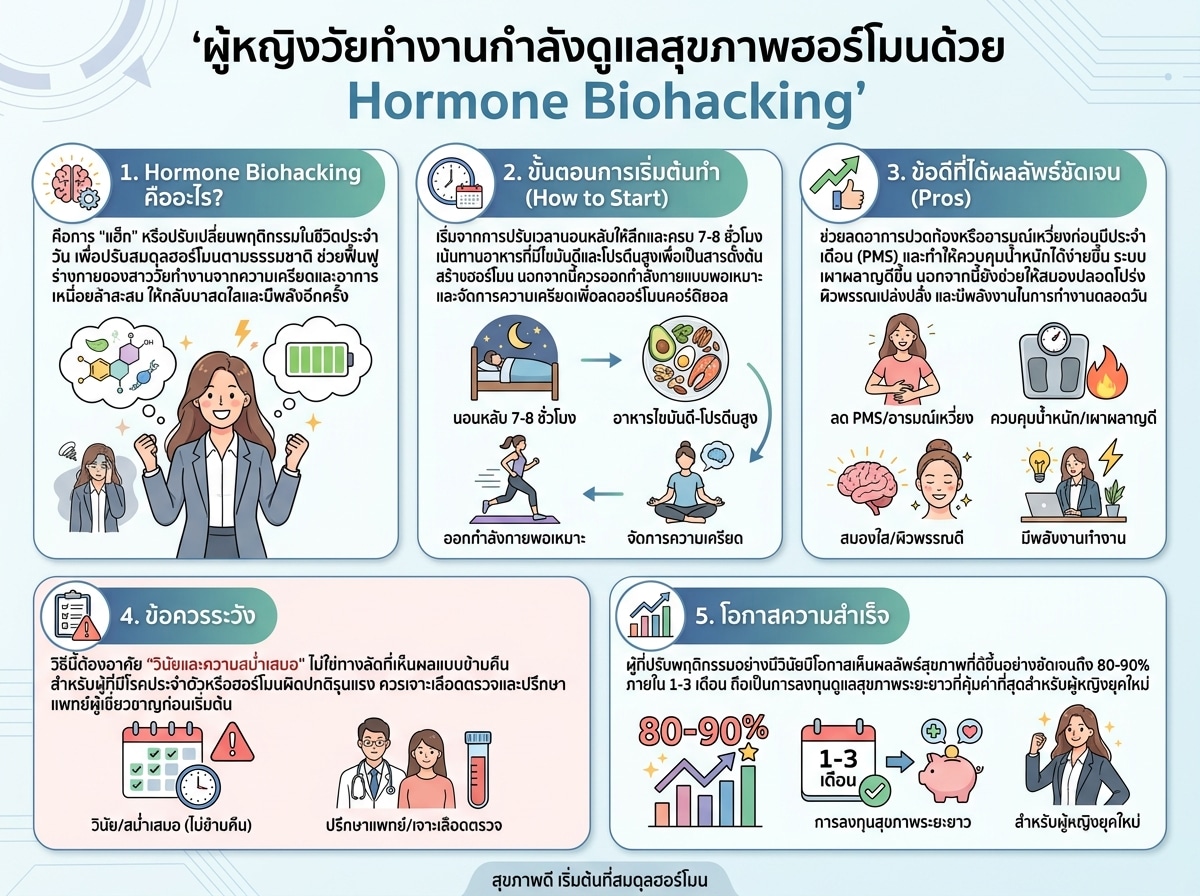 ผู้หญิงวัยทำงานกำลังดูแลสุขภาพฮอร์โมนด้วย Hormone Biohacking