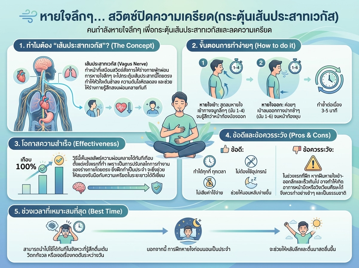 คนกำลังหายใจลึกๆ เพื่อกระตุ้นเส้นประสาทเวกัสและลดความเครียด