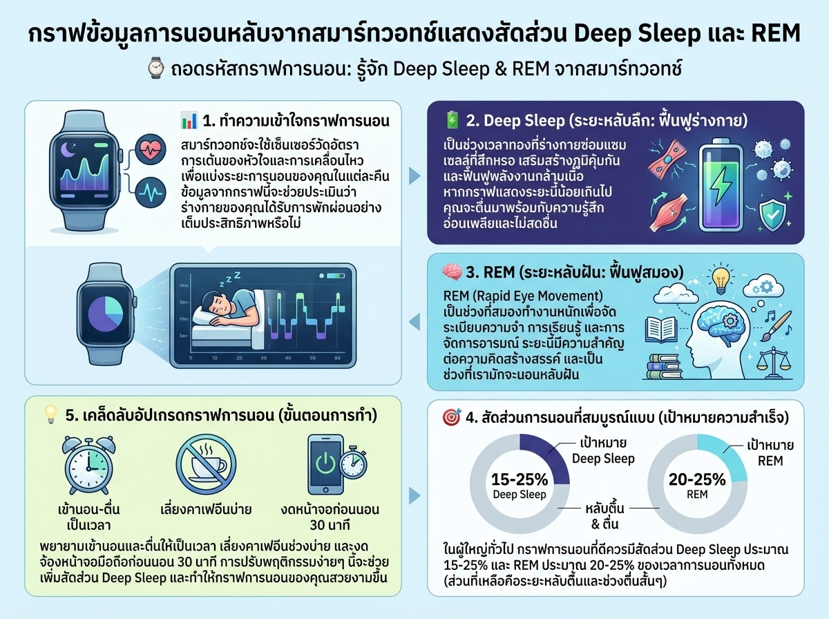 กราฟข้อมูลการนอนหลับจากสมาร์ทวอทช์แสดงสัดส่วน Deep Sleep และ REM