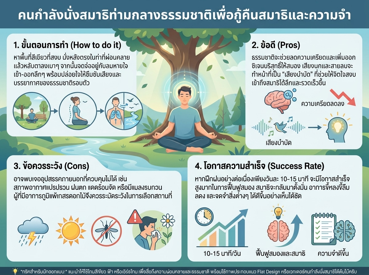 คนกำลังนั่งสมาธิท่ามกลางธรรมชาติเพื่อกู้คืนสมาธิและความจำ
