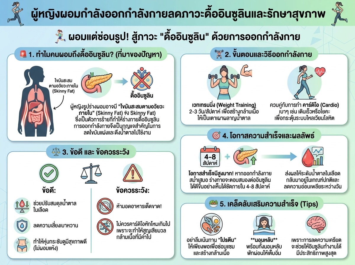 ผู้หญิงผอมกำลังออกกำลังกายลดภาวะดื้ออินซูลินและรักษาสุขภาพ